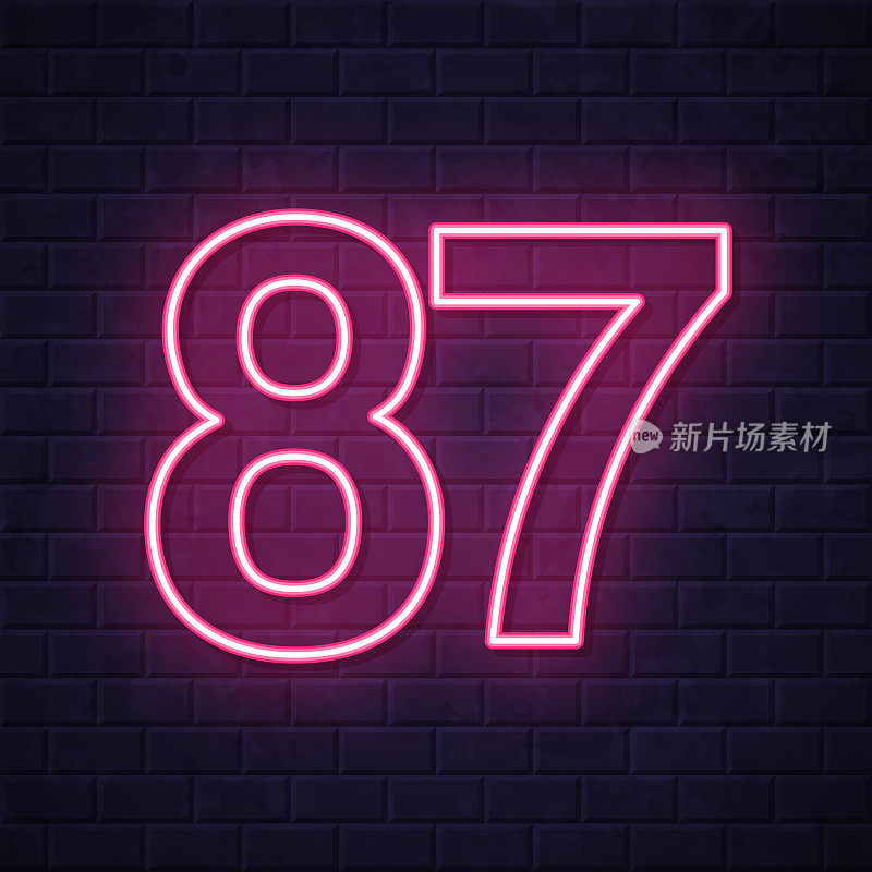 87 - 87号。在砖墙背景上发光的霓虹灯图标